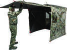 Primal High Roller XL Deluxe Ground Blind has a 82â€ hub to hub shooting width and a 66â€ Garage-style door.