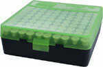 This ammo box features a clear green finish with a full length mechanical hinge design. With a maximum overall length of 1.3 inches, this box holds 100 9mm-.380 caliber rounds.