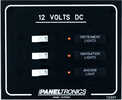 DC 3 Position Circuit Breaker Panel with indicator lights.  3 breakers installed (1-5A  1-10A and 1-15A)Current: DCWidth: 5 1/2Height: 4 1/2Depth: 3 1/2