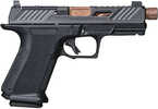 striker fired semi-auto;Interchangeable grip pannels;Black frame and Optics cut slide with Bronze threaded barrel."