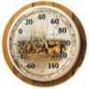 Weather Resistant Thermometer That Reads Fahrenheit From - 60 To 140 degrees. The Face Has a Scene With Several Deer Crossing a Field With Birch trees In The Back Ground. It Is 12" In Diameter.