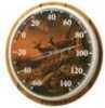 Weather Resistant Thermometer That Reads Fahrenheit From - 60 To 140 degrees. The Face Has a Scene With a Buck And a Doe Standing On a Hill Side. It Is 12" In Diameter.