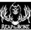 White Decal With The Grim Reaper Holding a Set Of antlers With The words Reap The Bone Under The Rack.