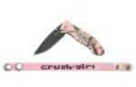 Pink Camo Crush Girl Liner Pocket Knife With Free Leather Crush Girl Wrist Strap, Blade Is Black anodized 420 Stainless Steel With matching Belt Clip.