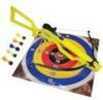 Toy crossbow features a working front and rear sight, colorful laminated target, and six suction cup darts.