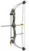 Youth bow with shoot through riser and split limb design. Includes arm guard, two piece quiver, arrow rest, adjustable sight, finger tab, and (2) 18" arrows.