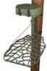 Aluminum hang on treestand features a dual functioning tri layer compression foam seat pad, heat treated steel fast strap buttons, in cast bow holder and accessory hooks, leveling seat and platform an...