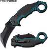 The Tac-Force TF1001GN  karambit features a sweeping hawkbill blade that slices right through your toughest tasks. The curved handle features the traditional karambit finger ring, textured anodized al...