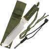 The Master Cutlery Survivor HK-106280 is a full tang construction fixed blade with a tanto blade and green cord wrapped handle. The nylon belt sheath also stores a magnesium alloy fire starter.|.74|12...