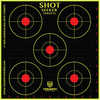 The Shot Seeker Non-Adhesive Reactive Target Has 5 Separate Bullseye Targets On One 12" X 12" Sheet. E Shot Seeker Adhesive Targets Show a Big Shot Burst With a Bright Yellow Halo at The Impact Locati...