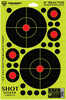 The Shot Seeker Adhesive Reactive Target Has 6 Separate Bullseye Targets On One 14.50" X 9.50" Sheet. The Shot Seeker Adhesive Targets Show a Big Shot Burst With a Bright Yellow Halo at The Impact Loc...