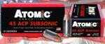 Atomic's 45 ACP Subsonic Ammunition Is Designed To Be The quietest, hardest Hitting, deepest Penetrating, heaviest 45 ACP Bonded Hollow Point On The Market. Designed With Power, Sound Suppression And ...