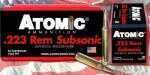 Atomic's 223/5.56 Nato Subsonic Match Grade Ammunition features a Hollow Point boatatil Bullet And Has Low Recoil.